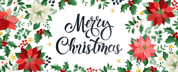 Merry Christmas design composition of poinsettia, fir branches, cones, holly and other plants. Cover, invitation, banner lateral, greeting card. Vector illustration.