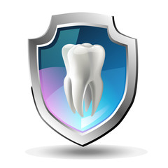 A tooth shield concept of a shiny white tooth being protected by a shield icon
