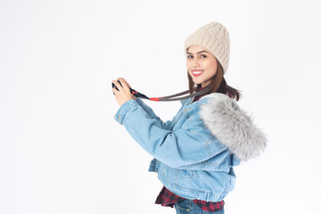 Beautiful traveller woman on white background