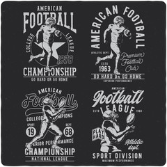 Set of the monochrome labels with the american football player. Illustrations with text compostitions. Ready designs for t-shirts, posters, greeting cards etc. © Oleg