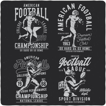 Set of the monochrome labels with the american football player. Illustrations with text compostitions. Ready designs for t-shirts, posters, greeting cards etc.