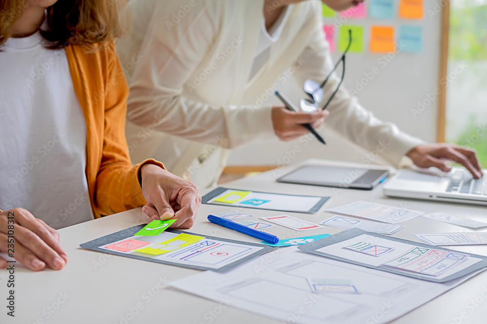 Wall mural creative web designer planning application and developing template layout, framework for mobile phon