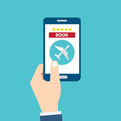 Flight tickets online, mobile phone with plane and a book button, cellphone internet airplane tickets order. Flat cartoon vector illustration.