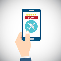 Fototapeta premium Flight tickets online, mobile phone with plane and a book button, cellphone internet airplane tickets order. Flat cartoon vector illustration.