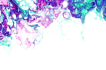 Leaflet layout template with a mixture of acrylic paints. The texture of liquid marble. Fluid art. Applicable for design cover, flyer, poster, placard. Mixed turquoise, blue, magenta and white colors.