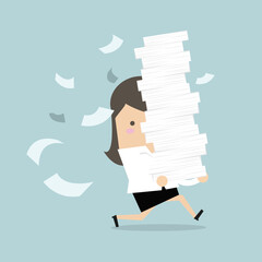 Businesswoman run holding a lot of papers in her hands. © Windawake