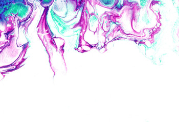 Very beautiful textural background. Turquoise paint flows in blue and purple on a white background. The style includes curls of marble or pulsations of agate with bubbles and cells.