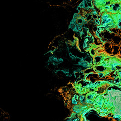 Very beautiful textural background. Paint of turquoise color flows in green and yellow-orange color on a black background. The style includes curls of marble or pulsations of agate, a flash of fire.