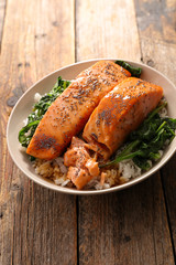rice, salmon and vegetable- teriyaki