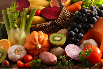 assorted vegetable on wood background - Powered by Adobe