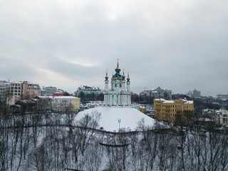 Aerial top view to St Andrew Church in Kiev