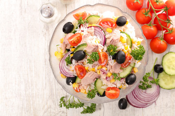 rice salad with tuna, tomato, cucumber and olive