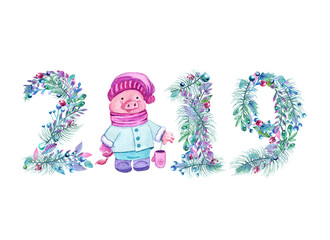 Pig, symbol of the year. New year 2019. Watercolor illustration