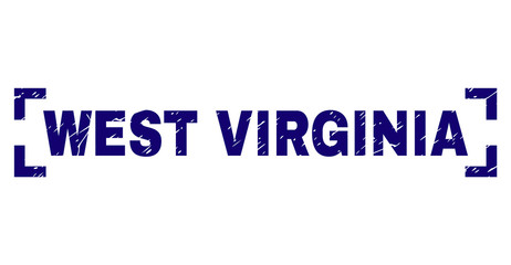 WEST VIRGINIA text seal print with grunge texture. Text title is placed between corners. Blue vector rubber print of WEST VIRGINIA with dirty texture.