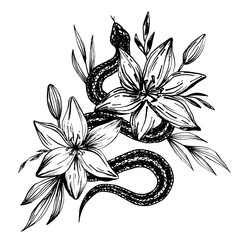 Hand drawn ink snake and lilies flowers, vector illustration. Snake silhouette illustration. Vector tattoo design. Graphic sketch for posters, tattoo, clothes, t-shirt design, pins, patches, stickers.