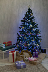 new year Christmas tree winter holiday gifts interior postcard decor winter