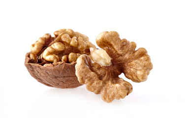 Walnuts in closeup on white background