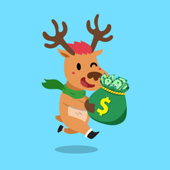 Vector cartoon christmas reindeer with money bag
