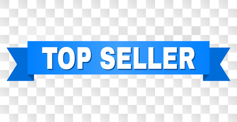 TOP SELLER text on a ribbon. Designed with white title and blue stripe. Vector banner with TOP SELLER tag on a transparent background.