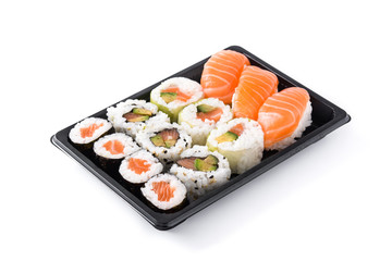 sushi assortment on black tray isolated on white background