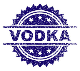 VODKA stamp seal watermark with distress style. Blue vector rubber print of VODKA caption with retro texture.