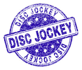 DISC JOCKEY stamp seal watermark with distress texture. Designed with rounded rectangles and circles. Blue vector rubber print of DISC JOCKEY label with unclean texture.
