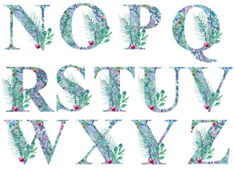 Christmas alphabet, design with watercolor leaves, berries, Christmas tree © Anja Vecta