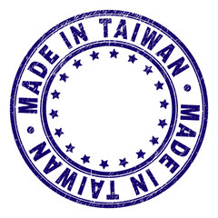 MADE IN TAIWAN stamp seal watermark with grunge texture. Designed with round shapes and stars. Blue vector rubber print of MADE IN TAIWAN caption with corroded texture.