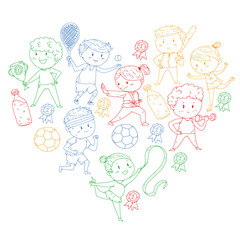 Children sport competitions. Young atheles playing soccer, football, baseball, basketball. Boys and girls running. Images of rhythic gymnastics, figure skating.