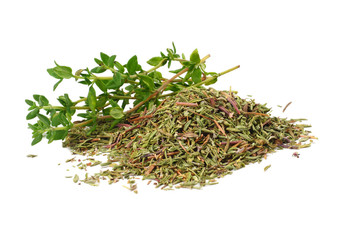 green thyme with dried thyme leaves isolated on white background close up