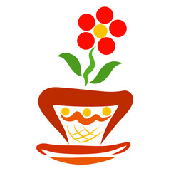 Red flower growing in a flower pot, colorful pattern