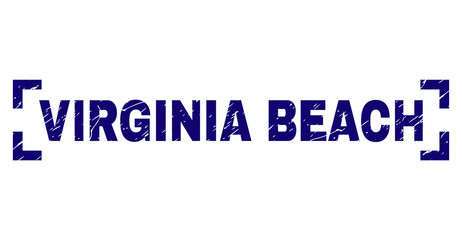 VIRGINIA BEACH tag seal print with distress texture. Text tag is placed inside corners. Blue vector rubber print of VIRGINIA BEACH with corroded texture.