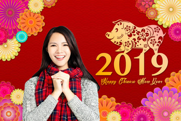 happy asian woman with chinese new year 2019 concept.chinese text happy chinese new year