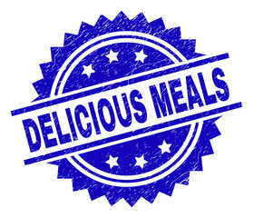 DELICIOUS MEALS stamp seal watermark with distress style. Blue vector rubber print of DELICIOUS MEALS caption with dust texture.