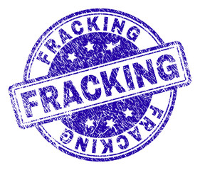 FRACKING stamp seal watermark with grunge style. Designed with rounded rectangles and circles. Blue vector rubber print of FRACKING tag with grunge texture.