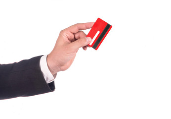 man in black suit holding red card isolated on white. New year colors of card
