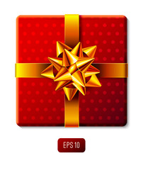 Wrapped gift box icon with ribbon and decorative gift bow. Wrapping present and decoration for holidays designs. Red vintage polka dot pattern. Top view. Realistic vector illustration. EPS 10