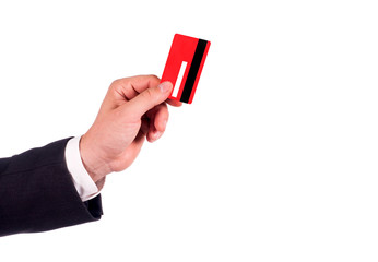 man in black suit holding red card isolated on white. New year colors of card