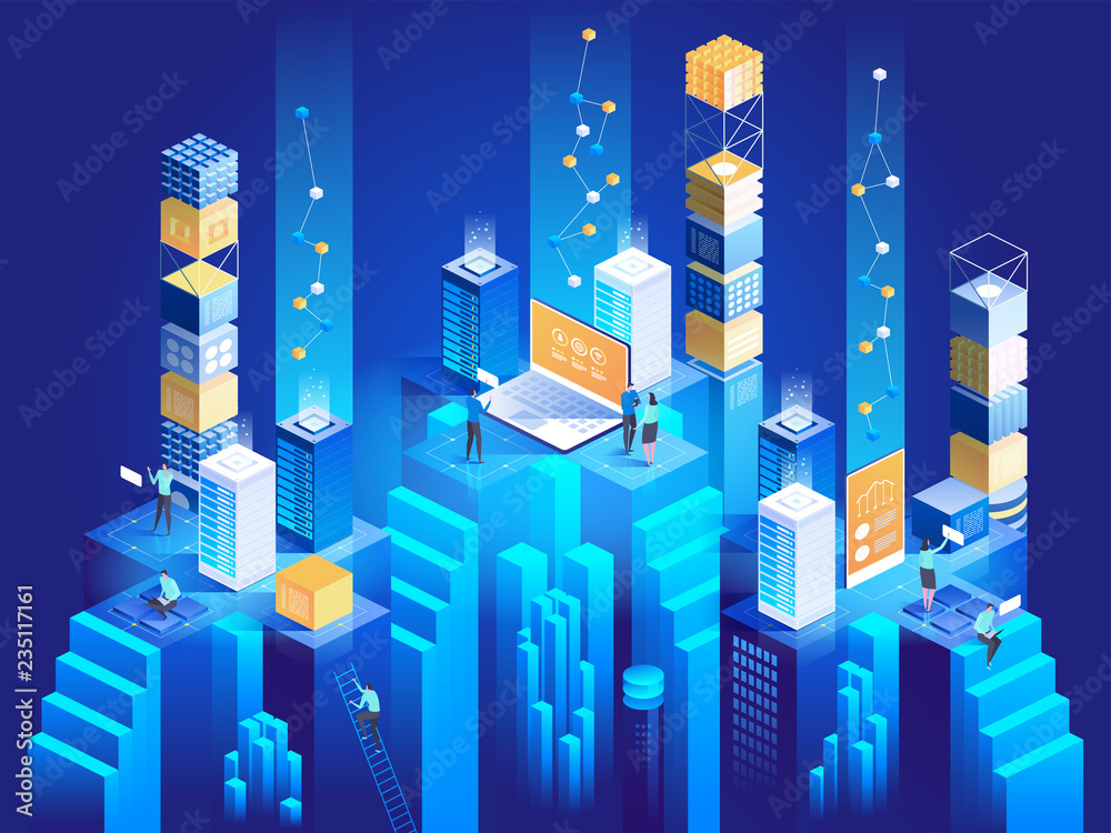 Poster technology isometric concept. digital blocks connection with each other.