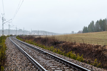 Fototapeta na wymiar Grey sky and railway tracks in foggy autumn landscape, electrical wires, conifer seedlings and old wooden fence on the side