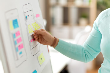 technology, user interface design and people concept - hand of ui designer or developer with ui...