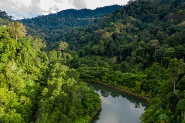 Fototapeta na wymiar Aerial drone view of mountainous tropical rainforest and a small lake in Thailand