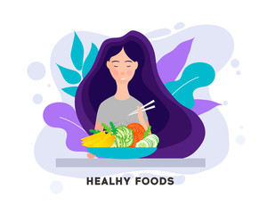 Pretty Girl with Healthy Food. Eating healthy food.Woman having lunch, dinner or breakfast.