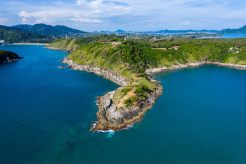 Aerial drone view of the beautiful Promthep Cape overlooking the Andaman Sea from Phuket island