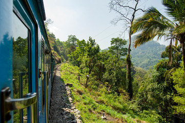 Spectacular view through the train window connecting Kandy to Ella in Sri Lanka. 