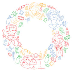Children medical center. Healthcare illustration. Doodle icons with small kids, infection, fever, cold, virus, illness.