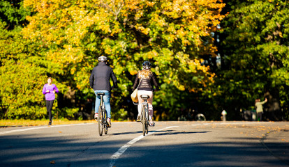 A couple are riding bicycles in the beautiful and colorful Central Park, Manhattan, New York, United States.