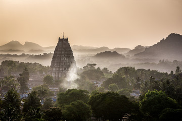 Landscape view of the ancient city of Vijayanagara with the Virupaksha Temple, Hampi, Karnataka, India 