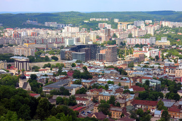 Fototapeta na wymiar Panorama of old historical city center of Lviv. Ukraine, Europe. City view, from air