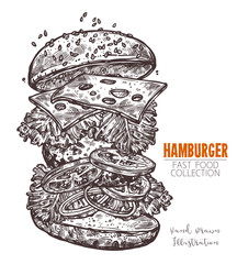 Classic cheeseburger hand drawn engraving sketch. Popular element of fast food. Burger with chop, cheese and vegetables. Vector illustration isolated on white background